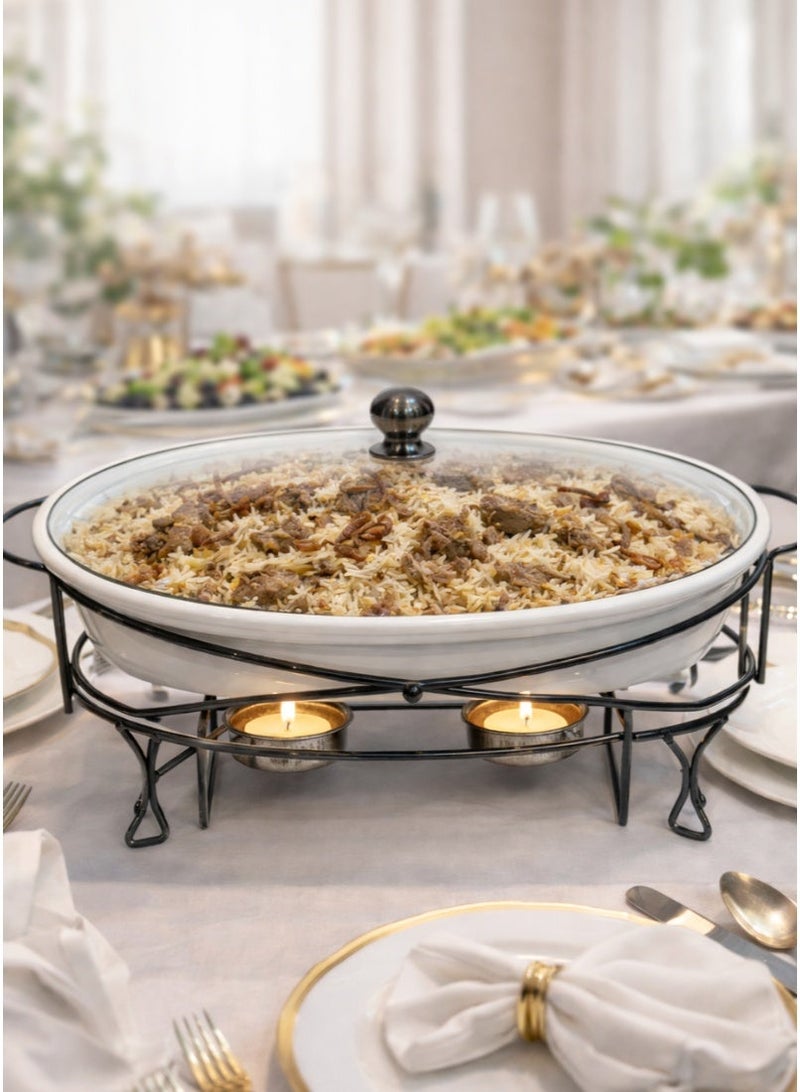 AL-GANNAS 2.2L Oval Ceramic Buffet Food Warmer on Metal Titanium Stand | With 2 Tealight Candle Holders, Chafing Dish for Keeping Food Warm - Image 1